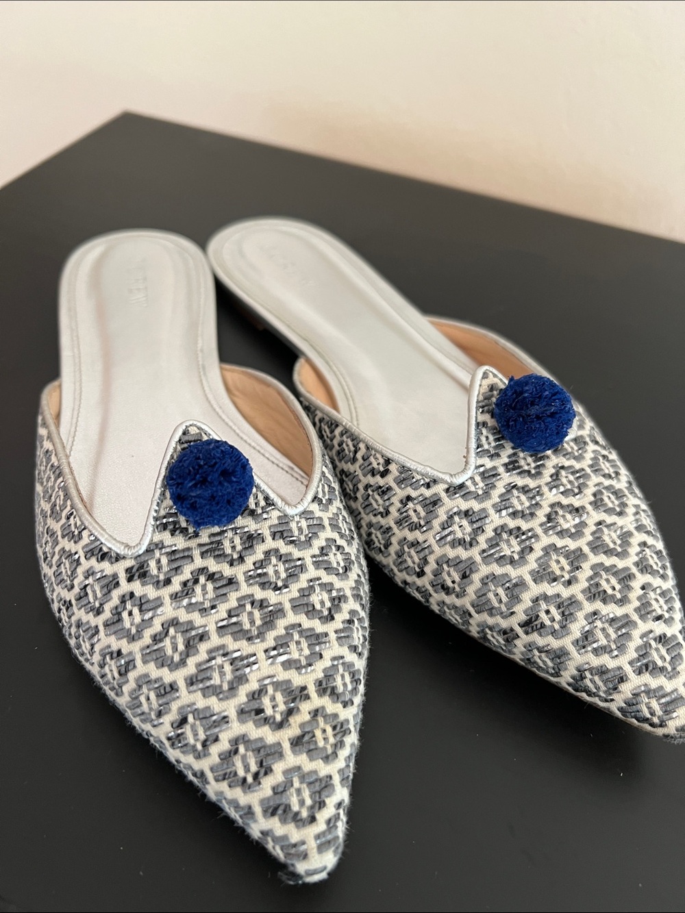 J. Crew Ikat Pointed-toe Pom-Pom Mules in Navy and Ivory